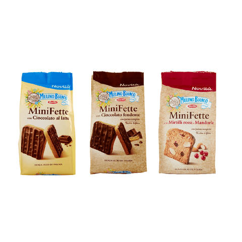 Mulino Bianco Rusks Test Pack Mulino Bianco Mini Fette Fette Latte, Cioccolato Fondente, Mirtilli rossi e mandorle 2x110g+1x90g 8076809581325